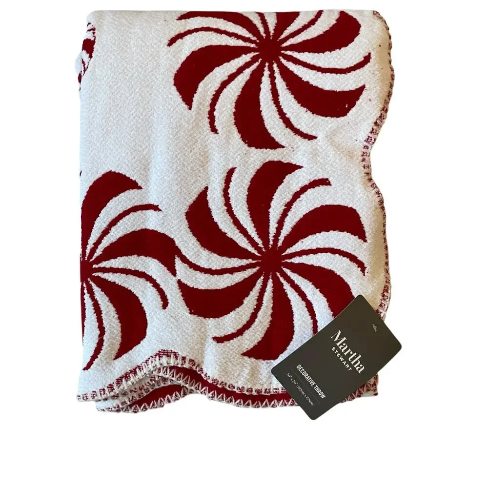 Martha Stewart Christmas Throw 50x70 Holiday Peppermint Candy Red White NEW